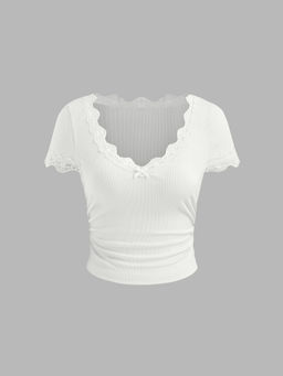 Cider - V-Neck Solid Lace Trim Bowknot Ruched Crop Short Sleeve Top