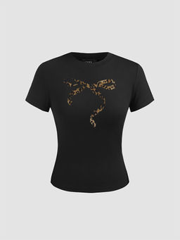 Cider - Round Neckline Leopard Print Bowknot Short Sleeve Tee