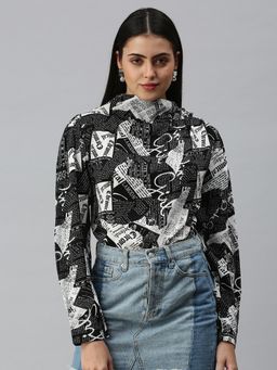 SHOWOFFFF - Women High Neck Full Sleeves Printed Black Top