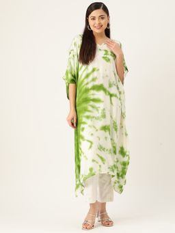 Maaesa - Off White & Green Rayon Crepe Kaftan Kurta