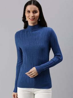 SHOWOFFFF - Women's Self Design Fitted Blue High Neck Top
