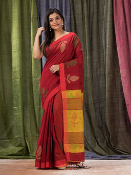 Angoshobha - Maroon Cotton Blended Traditional Jamdani Saree with Unstitched Blouse