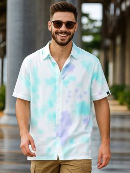 Bewakoof - Men's White & Blue Tie & Dye Oversized Shirt