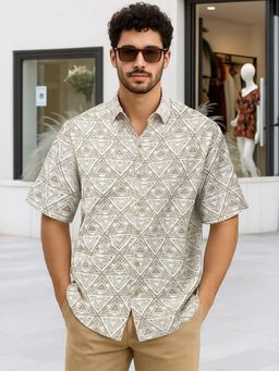 Bewakoof - Men's Tan Brown All Over Printed Oversized Shirt