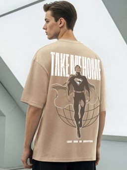 Bewakoof - Heavy Duty 1.0 Official DC Men's Taupe Brown Take Home Graphic Printed Oversized T-shirt