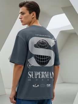 Bewakoof - Heavy Duty 1.0 Official DC Men's Grey Kryptonian Heritge Graphic Printed Oversized T-shirt