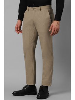 Louis Philippe - Men Beige Slim Tapered Fit Checks Flat Front Casual Trousers
