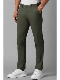 Louis Philippe - Men Green Slim Tapered Fit Solid Flat Front Casual Trousers