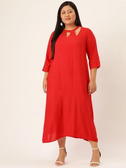 theRebelinme - Plus Size Womens Red Solid Color A-Line Midi Dress
