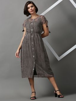 SHOWOFF - Womens Round Neck Striped Black Midi Dress