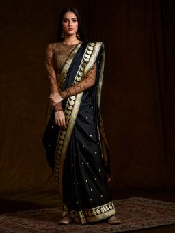 WeaverStory - Black Banarasi Handloom Kadhwa Boota Paisley Border Saree With Unstitched Blouse