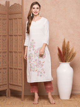 FASHOR - White Floral Applique Embroidered Woven Striped Kurta