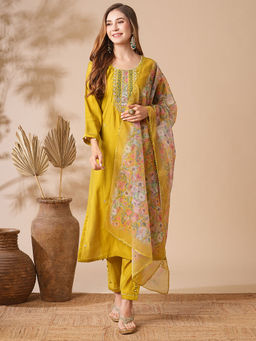 FASHOR - Yellow Embroidered Kurta with Pant & Floral Dupatta (Set of 3)