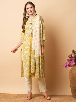 FASHOR - Lime Yellow Floral Printed Kurta with Pant & Duppatta (Set of 3)