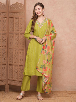 FASHOR - Lime Yellow Woven Embroidered Kurta with Pant & Dupatta (Set of 3)