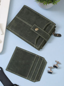 Teakwood - Men Olive Genuine Leather Solid Button Closure Wallet