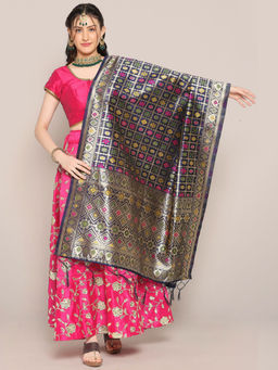 Dupatta Bazaar - Womens Navy Blue Banarasi Silk Dupatta in Checkered Design