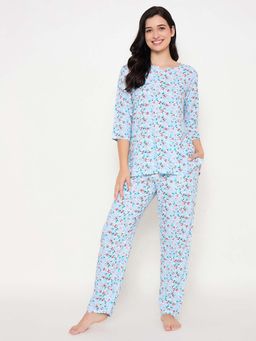 Clovia - Rayon Floral Printed Top and Pyjama Blue (Set of 2)