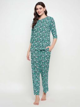 Clovia - Rayon Floral Printed Top and Pyjama Green (Set of 2)