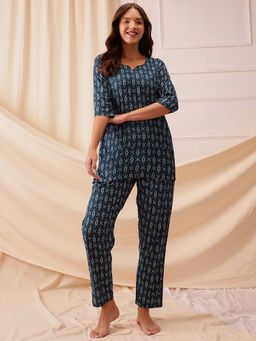 Clovia - Rayon Printed Top and Pyjama Blue (Set of 2)