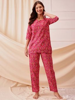 Clovia - Rayon Printed Top and Pyjama Pink (Set of 2)
