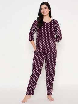 Clovia - Rayon Printed Top and Pyjama Purple (Set of 2)