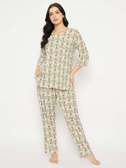 Clovia - Rayon Printed Top and Pyjama White (Set of 2)