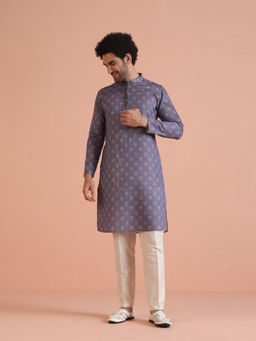 KISAH - Men Grey Ethnic Motifs Kurta with Pant (Set of 2)
