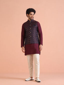 KISAH - Men Maroon Ethnic Self Design Kurta with Jacket & Pant (Set of 3)
