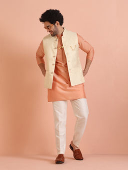 KISAH - Men Orange Ethnic Self Design Kurta with Jacket & Pant