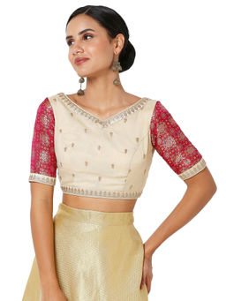 SALWAR STUDIO - Womens Beige And Pink Oraganza Embroidered Readymade Saree Blouse