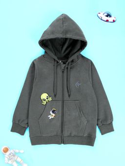 KiddoPanti - Boys Full Sleeve Zip Front Open Hoodie With Cute Alien Applique