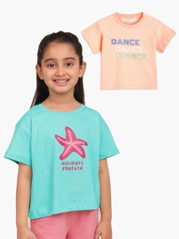 Campana - Girls Zuri Drop Shoulder Printed T-Shirt (Pack Of 2)