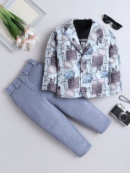 FOURFOLDS - Boys Blue Printed Blazer and T-Shirt with Trouser (Set of 3)