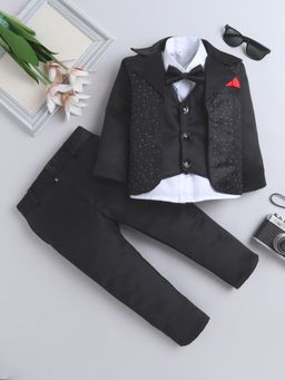 FOURFOLDS - Boys Black Shirt with Trouser and Embroidered Blazer with Bow (Set of 4)