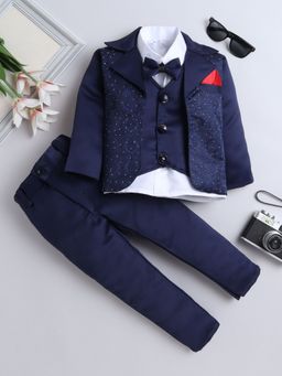 FOURFOLDS - Boys Navy Blue Shirt with Trouser and Embroidered Blazer with Bow (Set of 4)