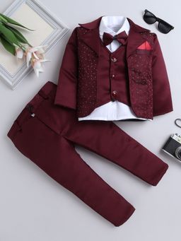 FOURFOLDS - Boys White Shirt with Trouser and Embroidered Blazer with Bow (Set of 4)