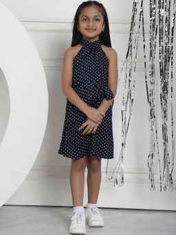 Mini & Ming - Navy Blue Girl Polka Dot Printed Rayon Dress with Belt