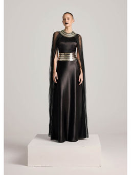AKHL - Black Textured Satin Dress with Attached Cape