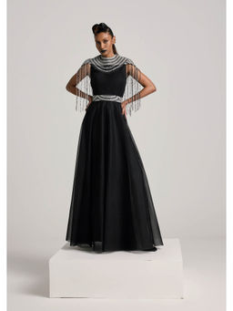 AKHL - Black Sequins Tassel Cape with Dress and Belt (Set of 3)