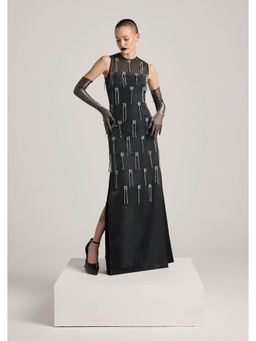 AKHL - Charcoal Lurex Tulle Sequins Tassel Dress with Slip (Set of 2)