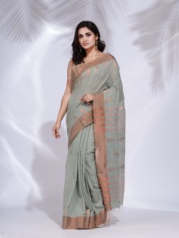 CHARUKRITI - Green Pure Cotton Handwoven Saree with Copper Zari Border with Unstitched Blouse