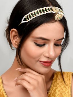 Silvermerc Designs - Gold Plated Kundan & Green Stone Studded Matha Patti