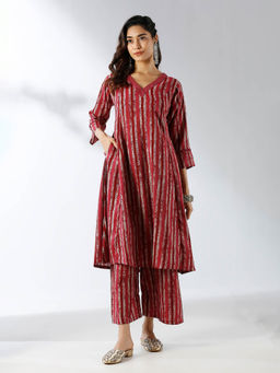 Ishnya - Maroon Stripped Printed Kurta and Palazzo (Set of 2)
