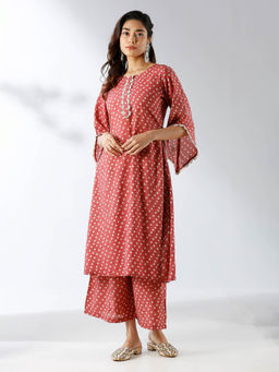 Ishnya - Red Bandhani Print Kurta and Palazzo (Set of 2)