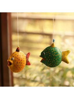 ExclusiveLane - 'Happy Fish' Handmade Garden Decorative Hanging In Terracotta (Set Of 2)