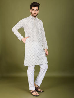 Odette - White Viscose Silk Embellished Stitched Kurta For Men
