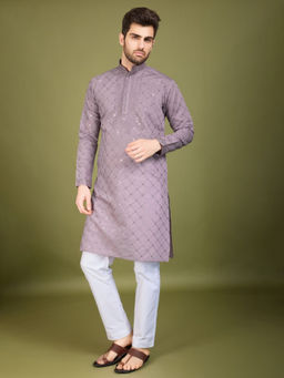 Odette - Purple Viscose Silk Embellished Stitched Kurta For Men