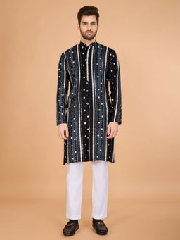 Odette - Black Viscose Rayon Embroidered Stitched Kurta For Men