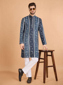 Odette - Grey Viscose Rayon Embroidered Stitched Kurta For Men